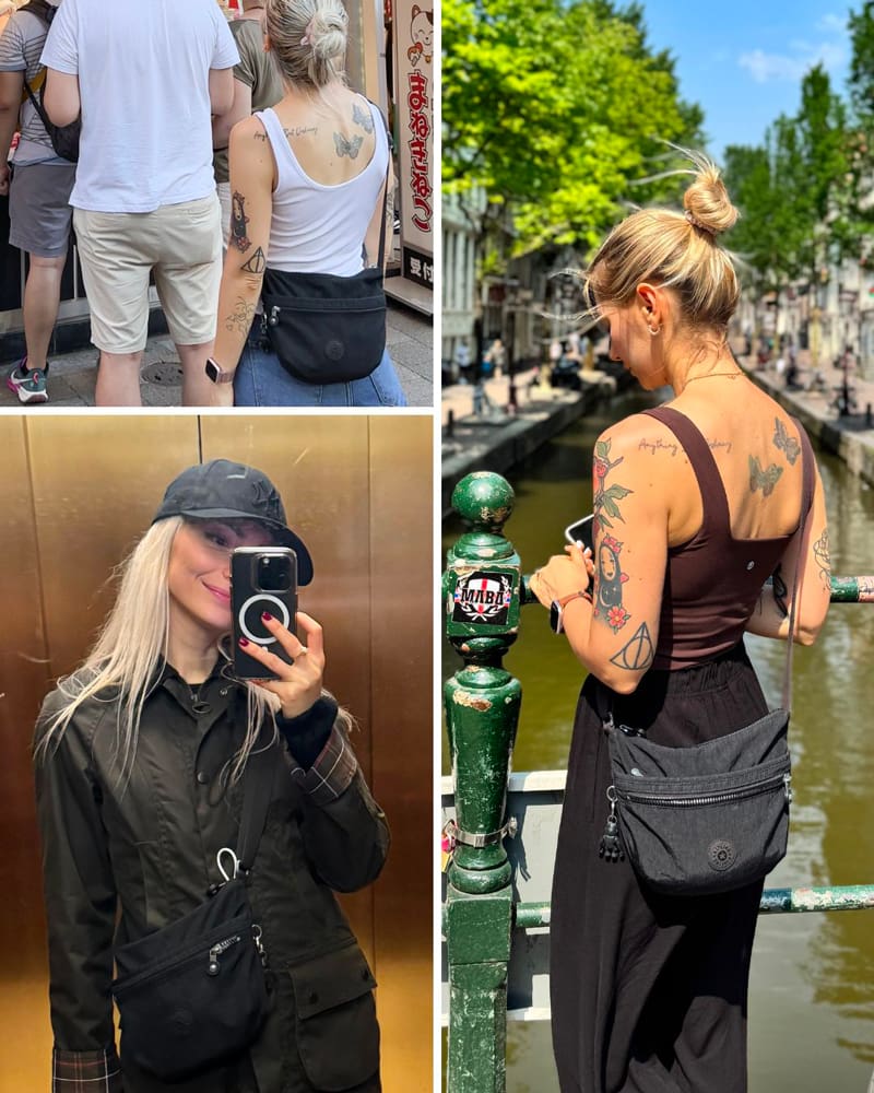 Collage of a tattooed woman with a black crossbody bag in three settings: crowded street, elevator selfie, and canal-bridge view.